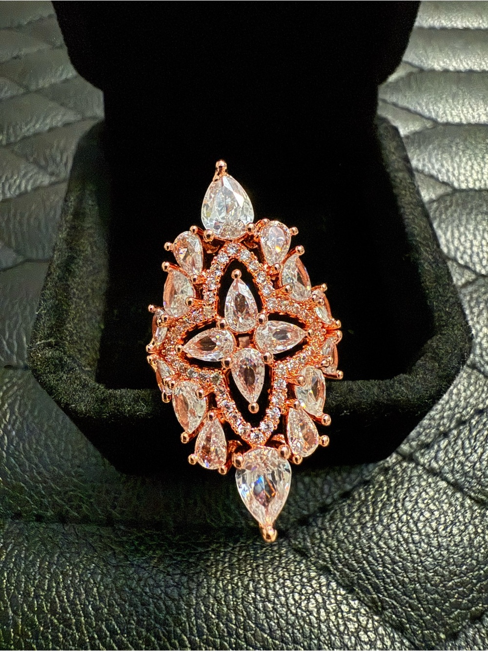 Source Unknown Rose Gold Floral Teardrop Statement Ring with Clear Stones